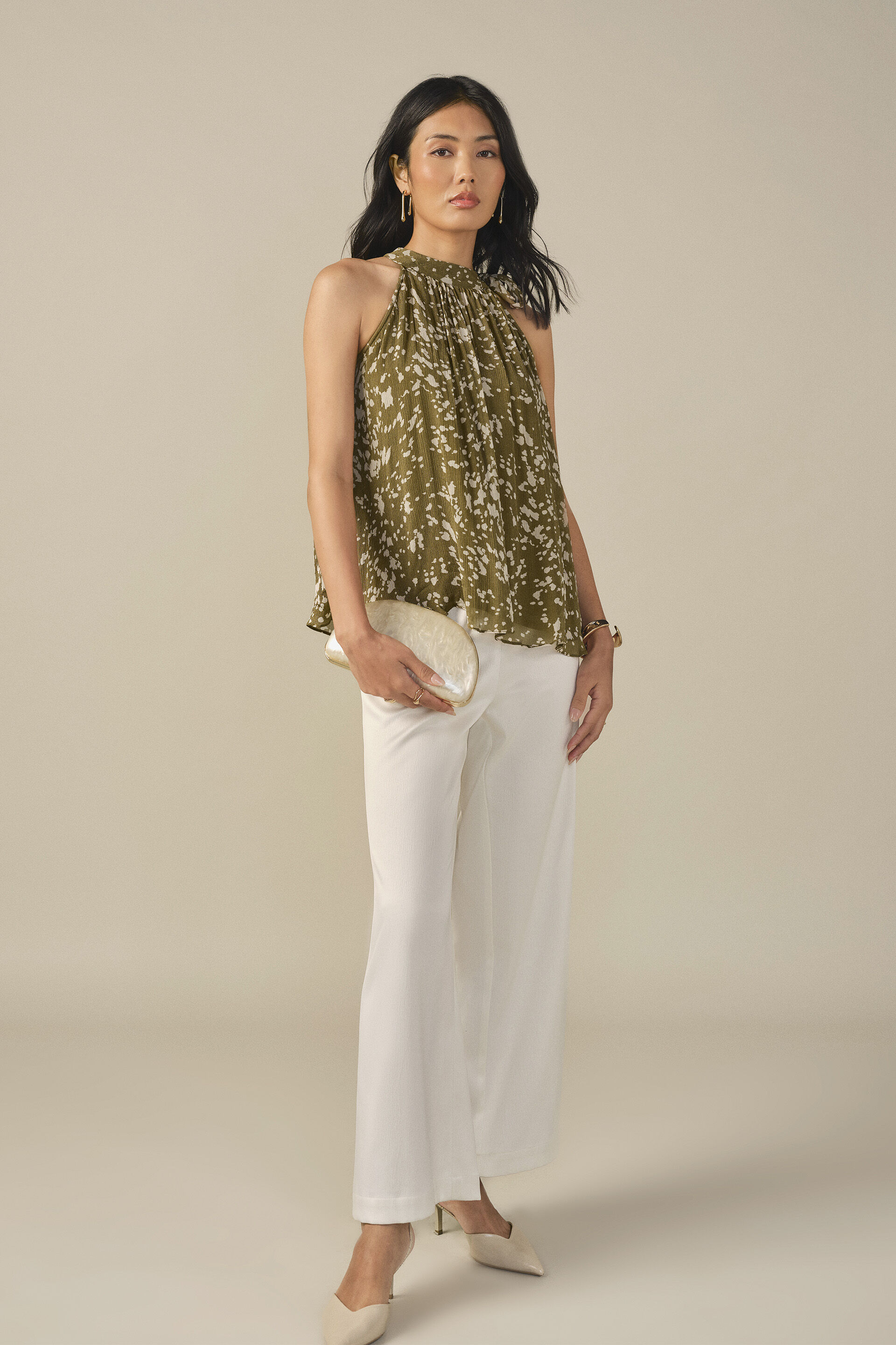 Abstract Print Top in Olive, Green, image 4